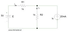 Obwody elektryczne - wyznaczanie prądów i napięć w obwodzie prądu stałego z zastosowaniem metody superpozycji - zadanie 1.