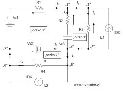 Obwody elektryczne - wyznaczanie prądów i napięć w obwodzie prądu stałego z zastosowaniem praw Kirchhoffa - zadanie 3.